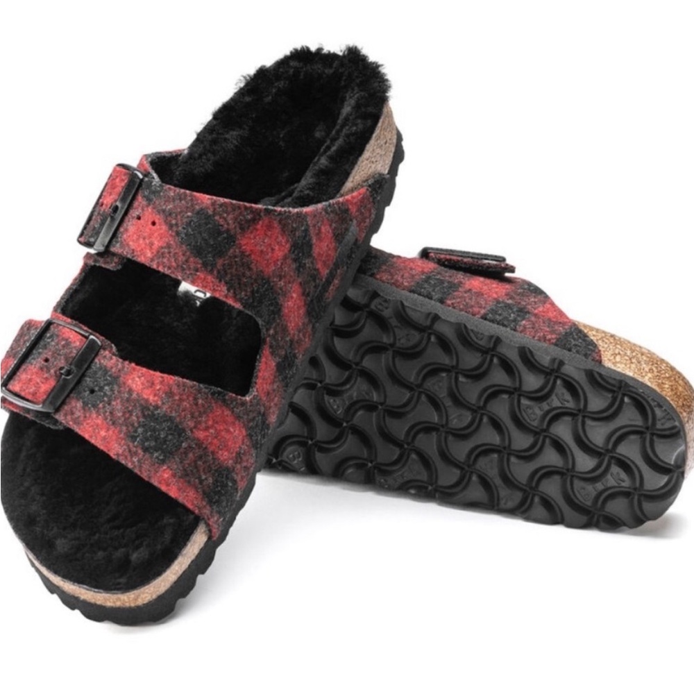 Birkenstock Arizona Rivet Plaid Red Shearling Wool Narrow - Picture 2 of 7